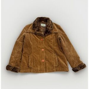 Y2K Vintage Lei Corduroy Afghan Jacket Medium Tan Faux Fur Collar 70s Penny Lane